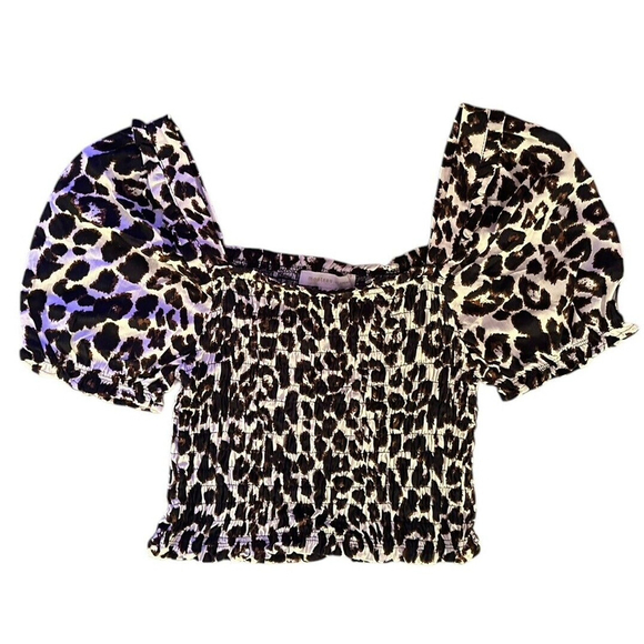 Monteau Los Angeles Tops - Monteau Puff‎ Sleeve Crop Smocked Top Leopard Print Linen Blend XL Beachy Baddie